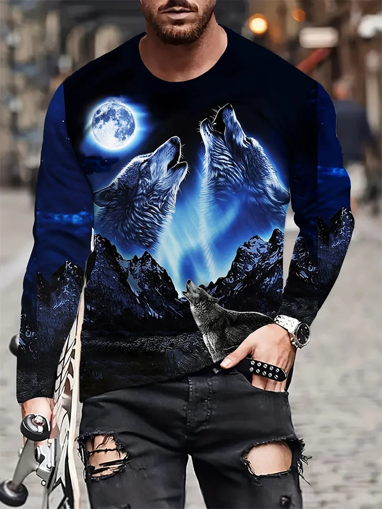 2024 New Wolf Print Men's Long Sleeve T-shirt Spring and Autumn Daily Casual Street Fashion Men's Long Sleeve T-shirt