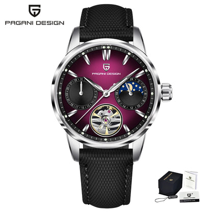 PAGANI DESIGN – Luksuzna mehanska ura za moške, 41 mm, safirno steklo, usnjena zapestnica, vodotesna, v pilotskem slogu, s turbijonom in prikazom lunine faze