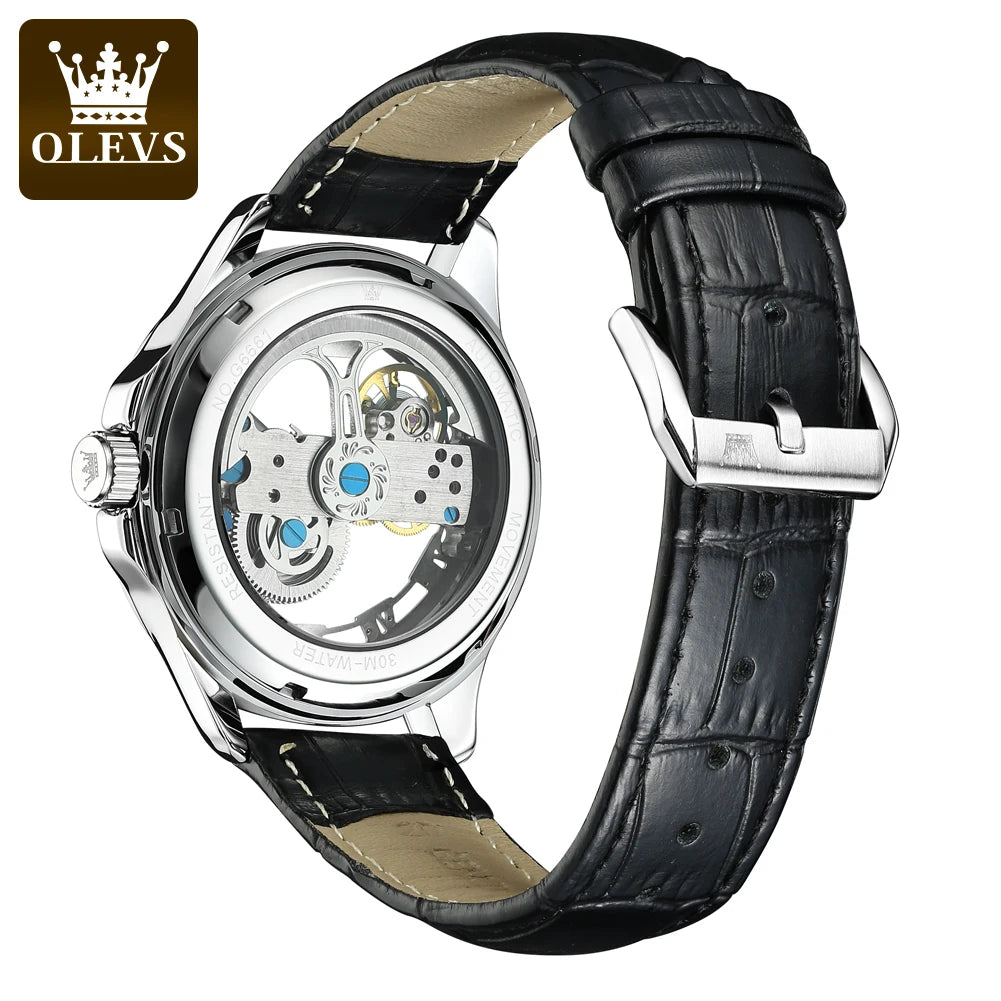 Orologio meccanico automatico da uomo OLEVS 6661 – Modello scheletrato completamente trasparente con rotore a vista, cinturino in pelle, orologio di lusso originale da uomo