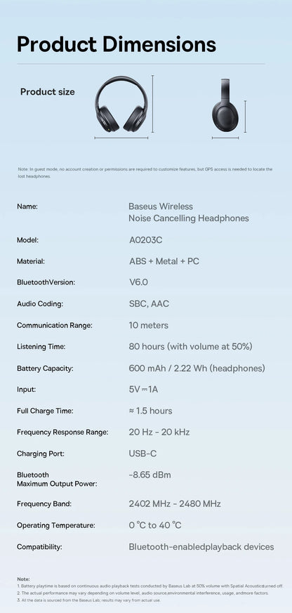 Baseus Wireless Headphones Bluetooth 5.3 HIFI Level Earphone 40mm Driver Foldable Over Ear Headsets 70H Playtime Spatial Audio