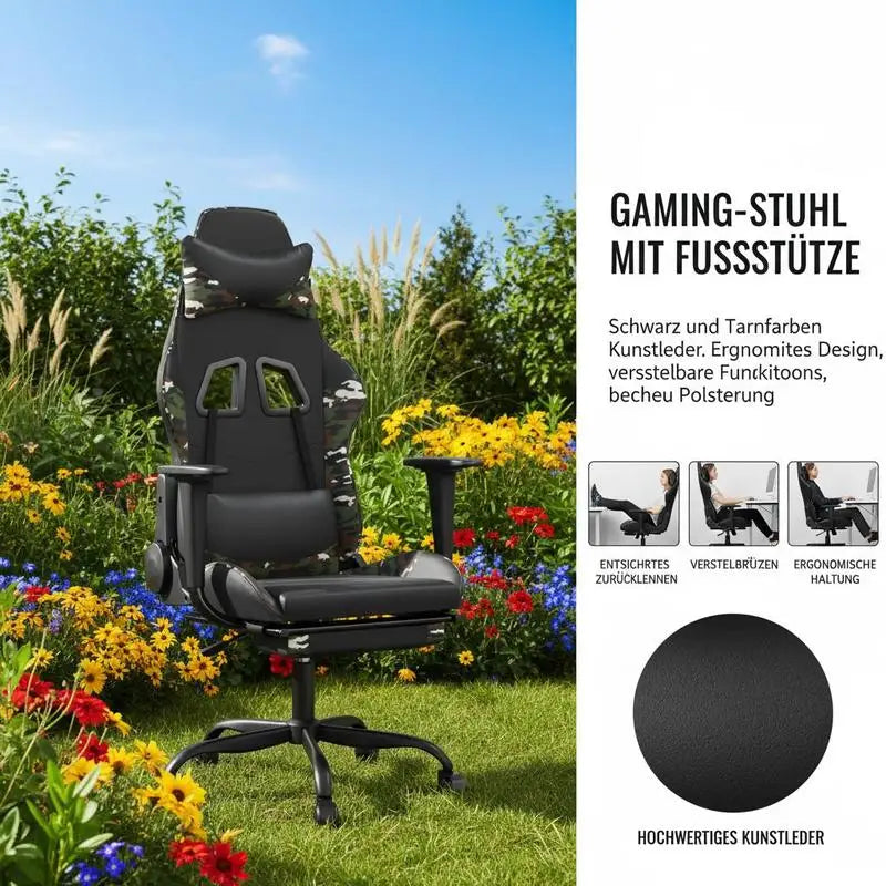 Gaming Chair with Footrest Black and Camouflage 66X56X120,5-131 cm in Imitation Leather, Reclining 360 Swivel ° Can Carry 110 kg