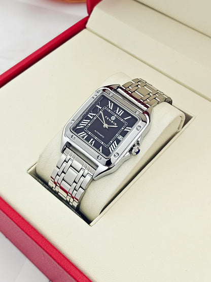 Montre carrée pour homme — Bracelet en acier inoxydable, affichage de la date