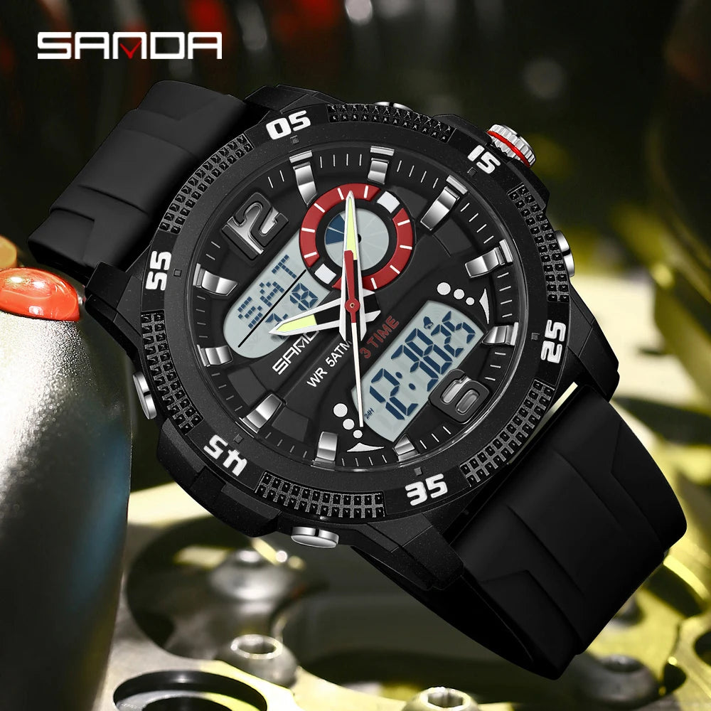 Montres de luxe pour homme SANDA Fashion : montre-bracelet à quartz analogique et numérique, style sportif, décontractée, étanche, avec chronographe en silice