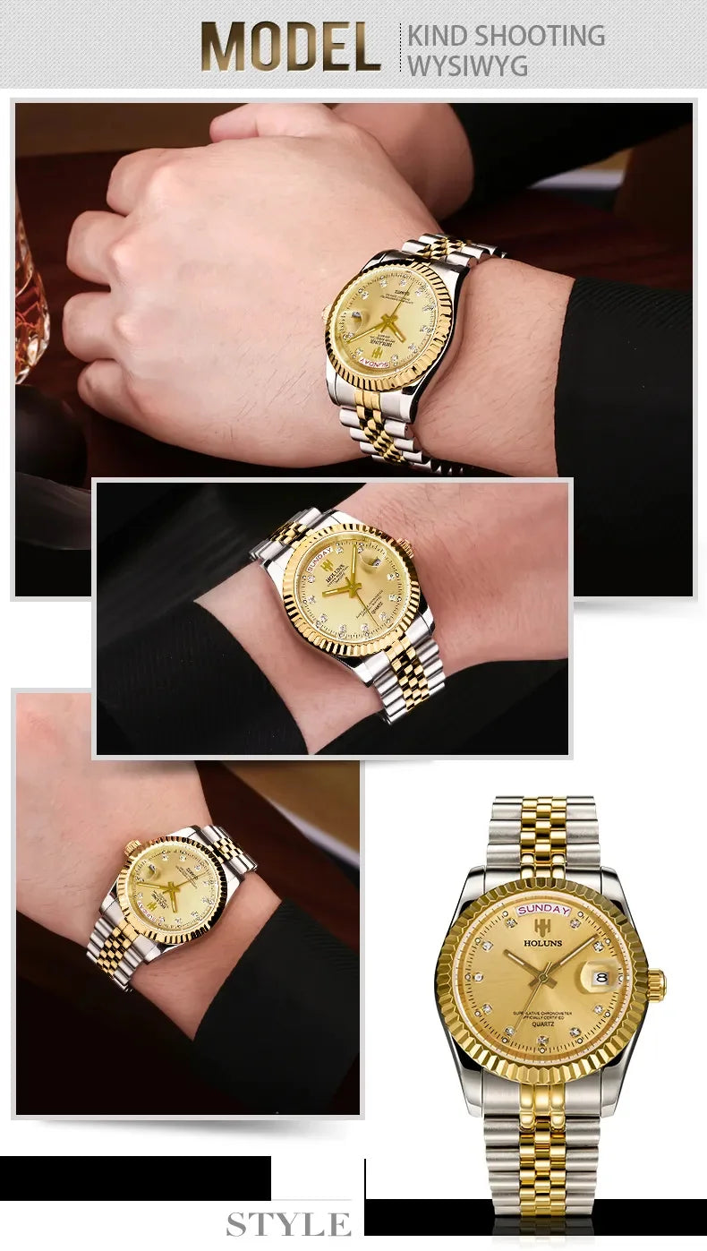 Relojes de hombre Holuns Luxury Classic de 36/41 mm en oro, con movimiento de cuarzo MIYOTA de Japón, de acero inoxidable, reloj de pulsera clásico de negocios, resistente al agua