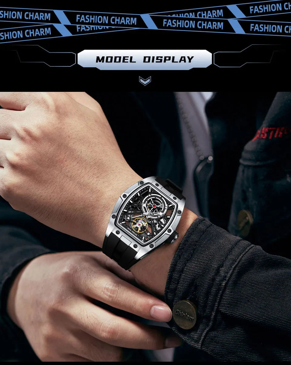 Reloj de pulsera MINI FOCUS para hombre, negro, a la moda, resistente al agua, mecánico automático, con manecillas luminosas, correa de silicona y esfera tonneau