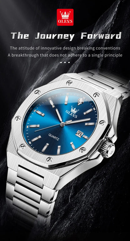 Montres OLEVS pour homme : montre de luxe classique à quartz, argentée et bleue, étanche, en acier inoxydable, luminescente, Reloj Hombre