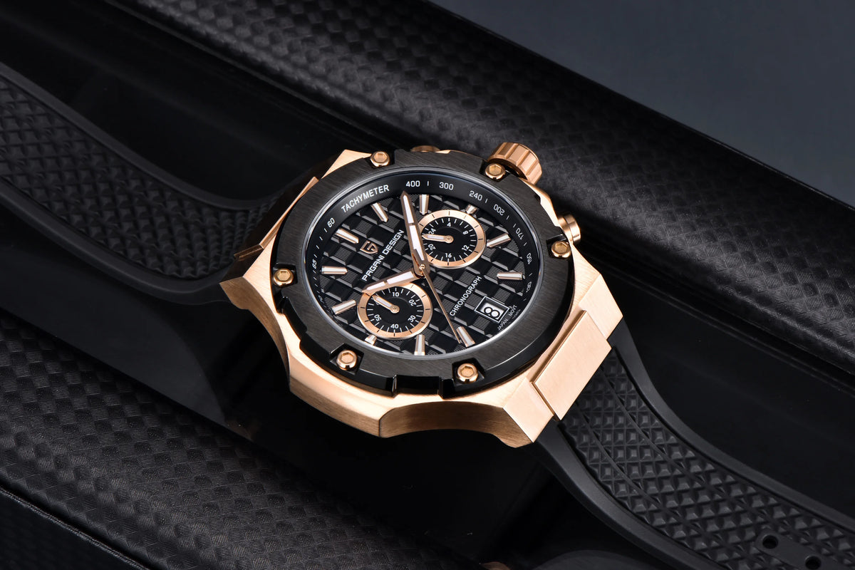 Orologio da uomo PAGANI DESIGN – Cronografo sportivo di lusso in oro rosa, dotato di un movimento al quarzo giapponese VK64 e di un cinturino in gomma fluorurata.