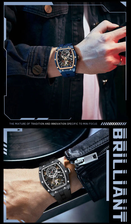 Reloj de pulsera MINI FOCUS para hombre, negro, a la moda, resistente al agua, mecánico automático, con manecillas luminosas, correa de silicona y esfera tonneau
