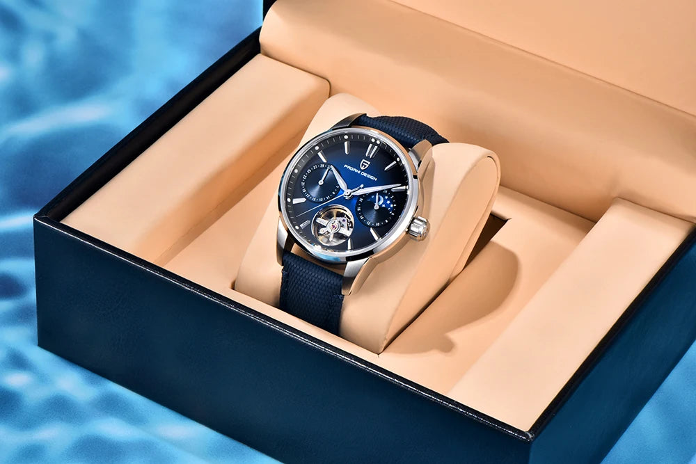 PAGANI DESIGN – Luksuzna mehanska ura za moške, 41 mm, safirno steklo, usnjena zapestnica, vodotesna, v pilotskem slogu, s turbijonom in prikazom lunine faze
