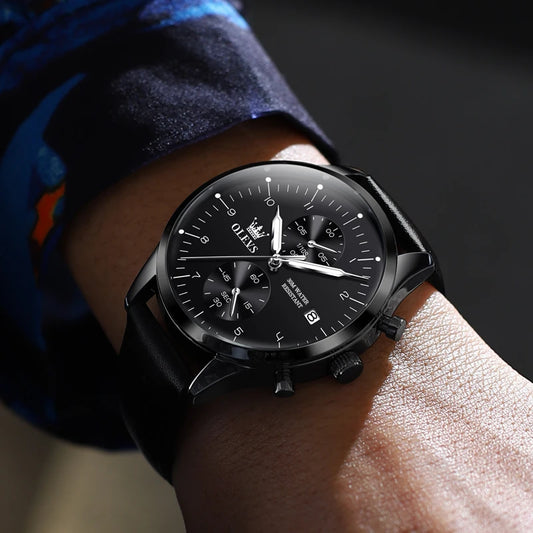 Orologio da uomo OLEVS 2880 – Cronografo elegante e dalle linee essenziali, cinturino in pelle, datario automatico, impermeabile, lancette luminescenti, movimento al quarzo.