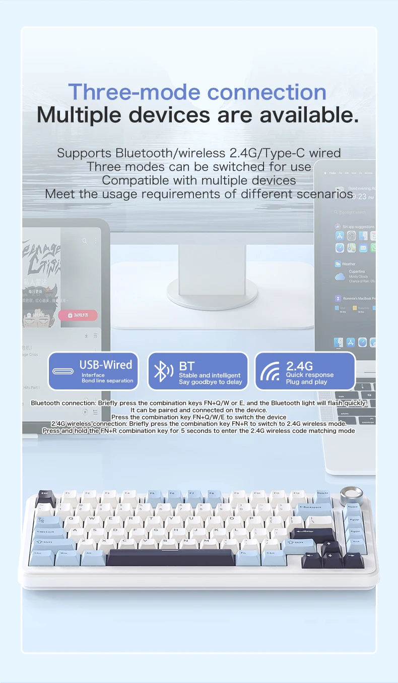 FREEWOLF F75 Gaming Mechanical Keyboard, 75% Tri-Mode Wireless Bluetooth, AULA F75 Same Model, RGB Hot Swappable PBT 4000mAh