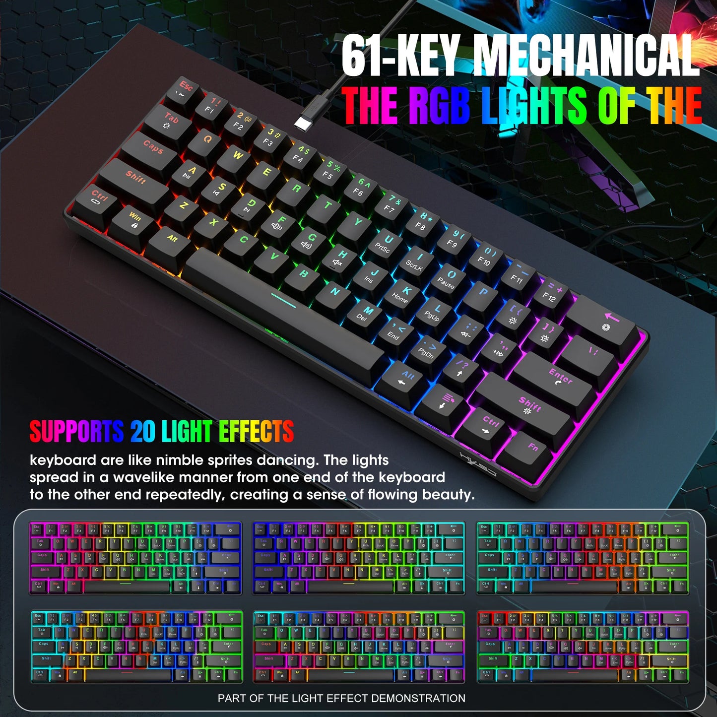 RK61 Wired 60% Mechanical Gaming Keyboard RGB Backlit 61 Keys Ultra-Compact Hot Swappable Red Switch Provides a Smooth