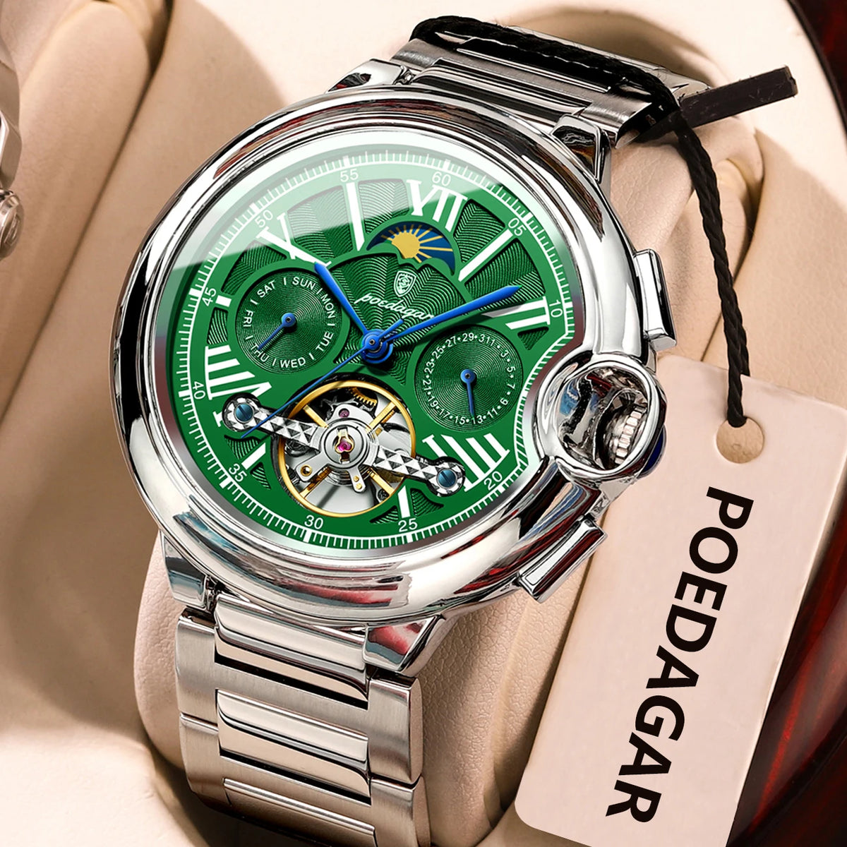 Orologio da uomo POEDAGAR, in stile lussuoso e professionale, con indicazione della data e del giorno, tourbillon, cassa in acciaio inossidabile, movimento meccanico a carica automatica e impermeabilità.