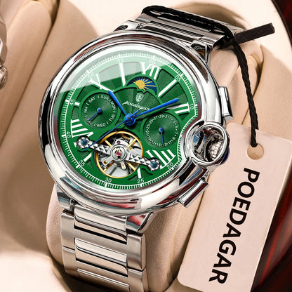 Orologio da uomo POEDAGAR, in stile lussuoso e professionale, con indicazione della data e del giorno, tourbillon, cassa in acciaio inossidabile, movimento meccanico a carica automatica e impermeabilità.