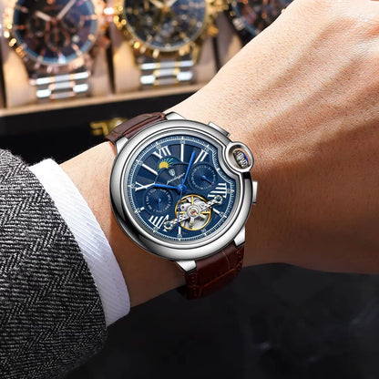 Orologio di lusso da uomo POEDAGAR – Modello meccanico a carica automatica con datario e indicatore del giorno, cinturino in pelle, tourbillon, impermeabile, stile elegante e professionale.