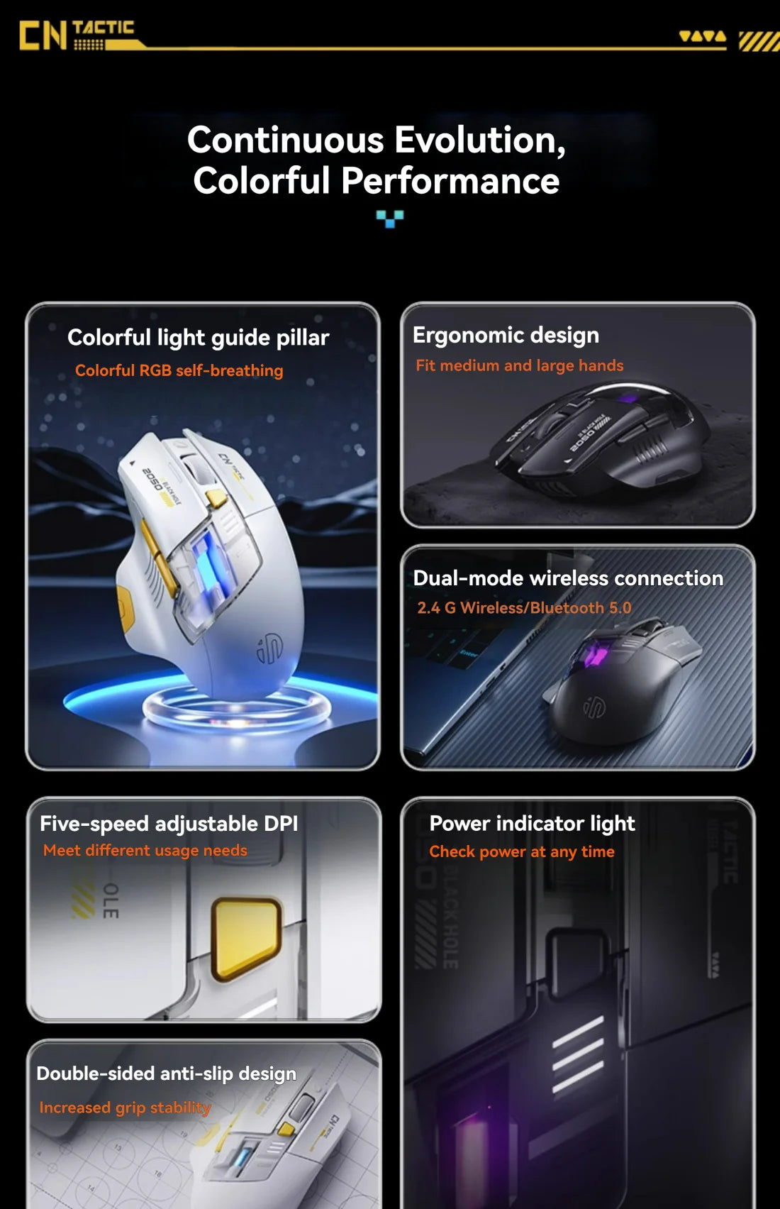 Inphic A9 pro Three-mode Game Mouse Colorful Light Guide Pillar Power Indicator DPI Adjustable Macro-driver Ergonomics 12800DPI