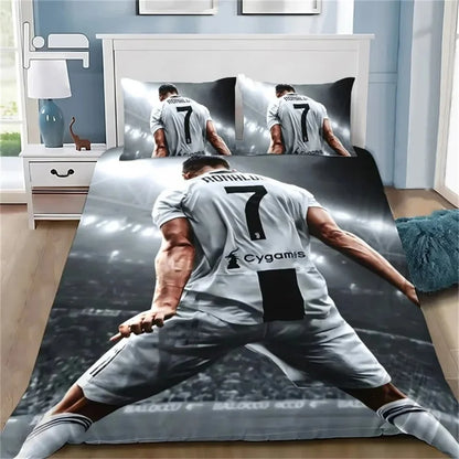 Copripiumino 3D calcio CR7, set biancheria da letto morbido con copripiumino e 1/2 federe per cuscino, per bambini e adulti, copertura in microfibra