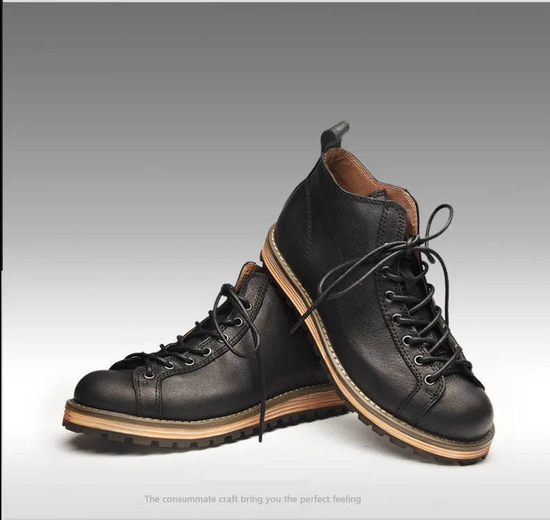 KOWM Cowhide Hiking Shoes Men's Walking Boot British Trekking Shoes Thick-Soled Cowhide High-Top Motorcycle Boots Ankle Sneakers
