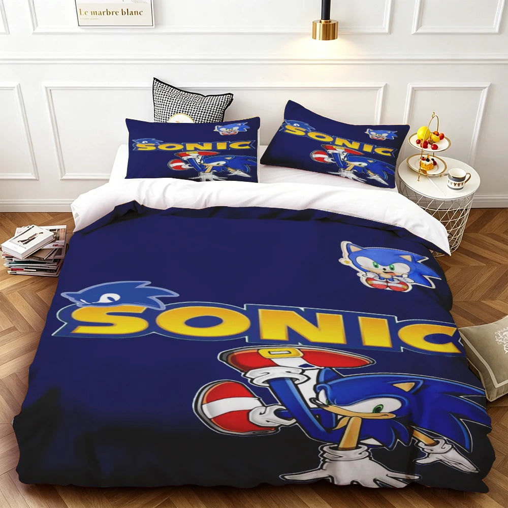 Cartoon Duvet Cover Set , Washable Cotton Bedding – S-Sonic-S The H-Hedgehog Movie Theme Student Bedroom Decor for All Seasons