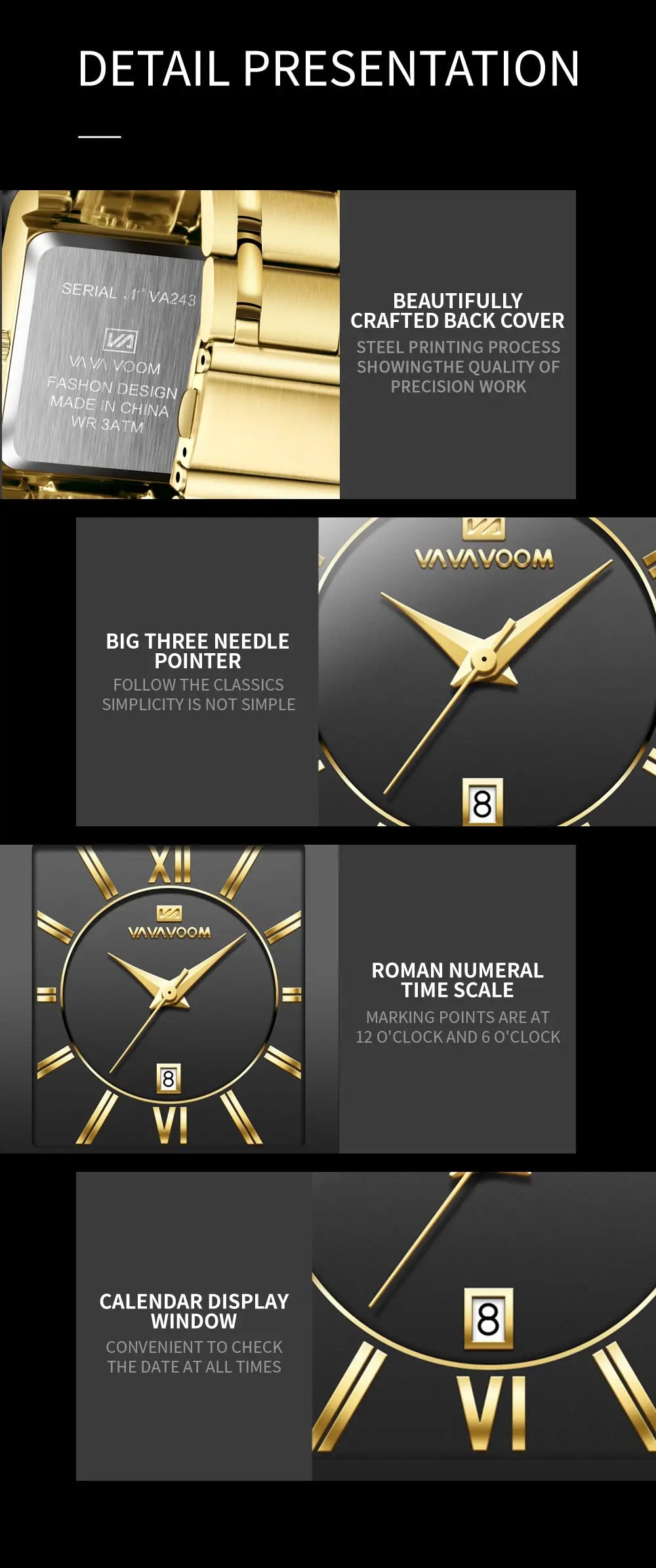 Herenzakelijk horloge, eenvoudig ontwerp, luxe mode, rechthoekig, zwart-goud, roestvrij staal, kalender, waterdicht, quartz, herenhorloges