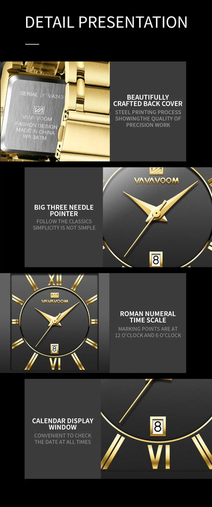 Herenzakelijk horloge, eenvoudig ontwerp, luxe mode, rechthoekig, zwart-goud, roestvrij staal, kalender, waterdicht, quartz, herenhorloges
