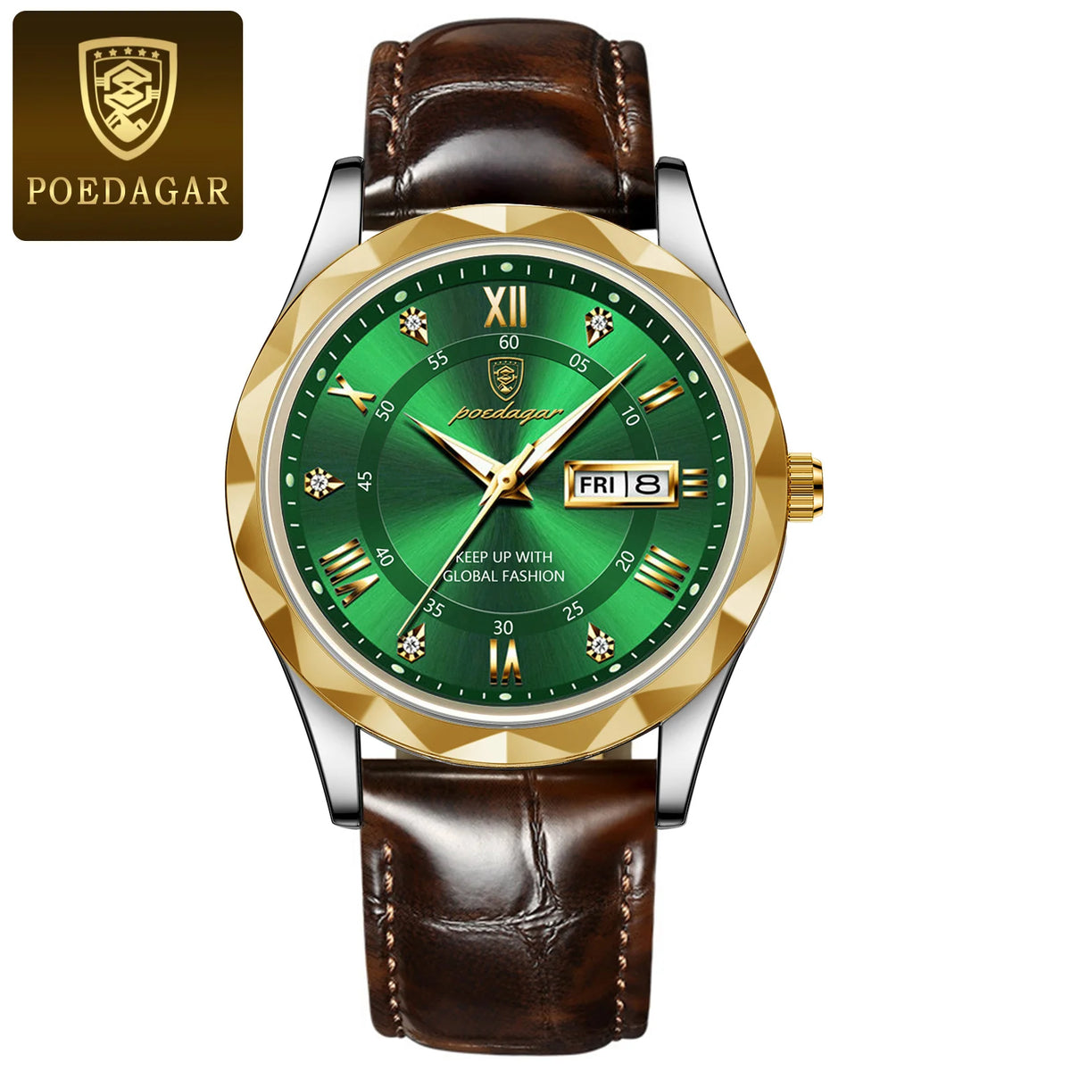 Moška ura POEDAGAR, originalni luksuzni model: vodotesna, svetleča, z prikazom datuma in dneva. Kvarčna ura v klasičnem in profesionalnem slogu, opremljena z usnjenim pasom.