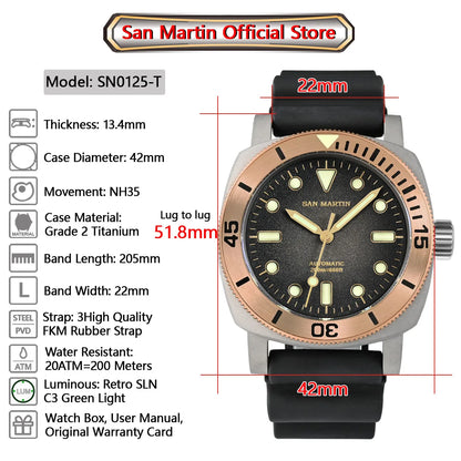 San Martin 42mm Retro Titanium Diver Watch NH35 Automatic Men Mechanical Watches Bronze Bezel Sapphire Luminous Waterproof 200m