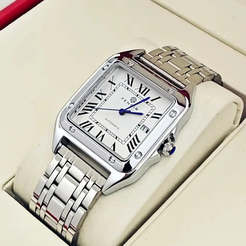 Montre carrée pour homme — Bracelet en acier inoxydable, affichage de la date