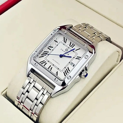 Montre carrée pour homme — Bracelet en acier inoxydable, affichage de la date