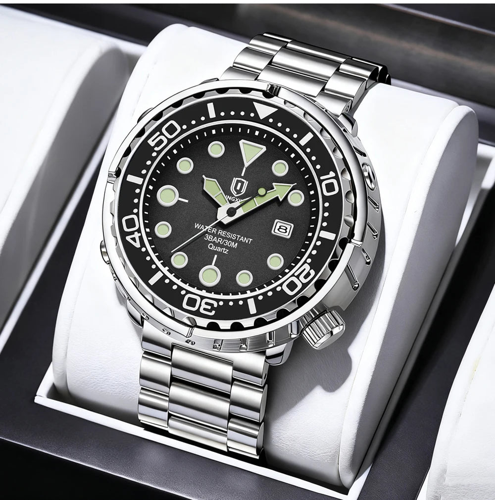 Montres pour homme QINGXIYA : montres de luxe à quartz pour homme, tendance, étanches, luminescentes, avec date et cadran rotatif, en acier inoxydable