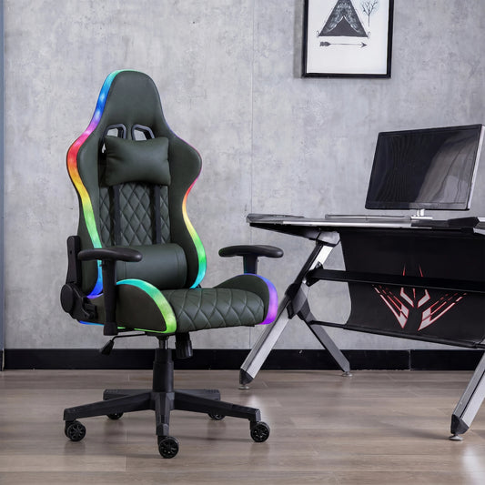 Ergonomic office chair with lumbar massage,LED RGB ambient lighting, and reclining backrest,  for home offices