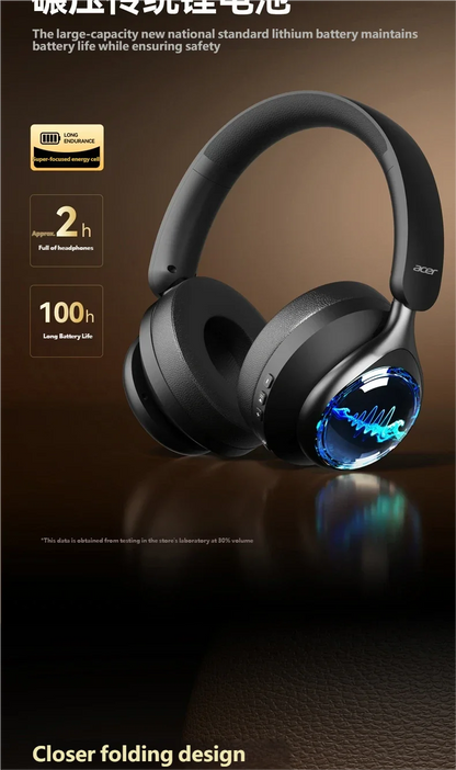 Acer OHR712 Wireless Bluetooth 6.0 Headphones Foldable Over-Ear Headsets with 360° Spatial Sound Effect for Travel Home Office