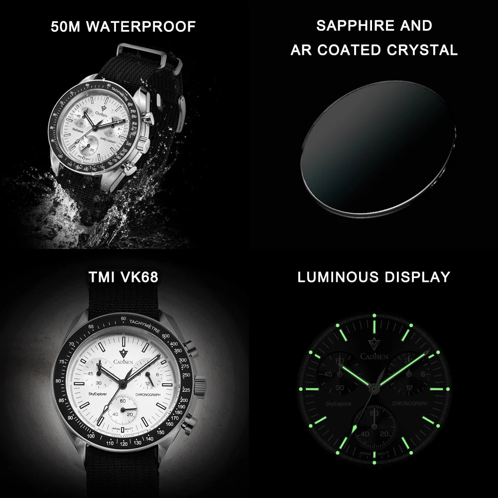 CADISEN Neue Herrenuhren Luxuriöse Quarz-Armbanduhr für Herren Saphirglas mit AR-Beschichtung Canvas VK68 Speed Chronograph Automatik