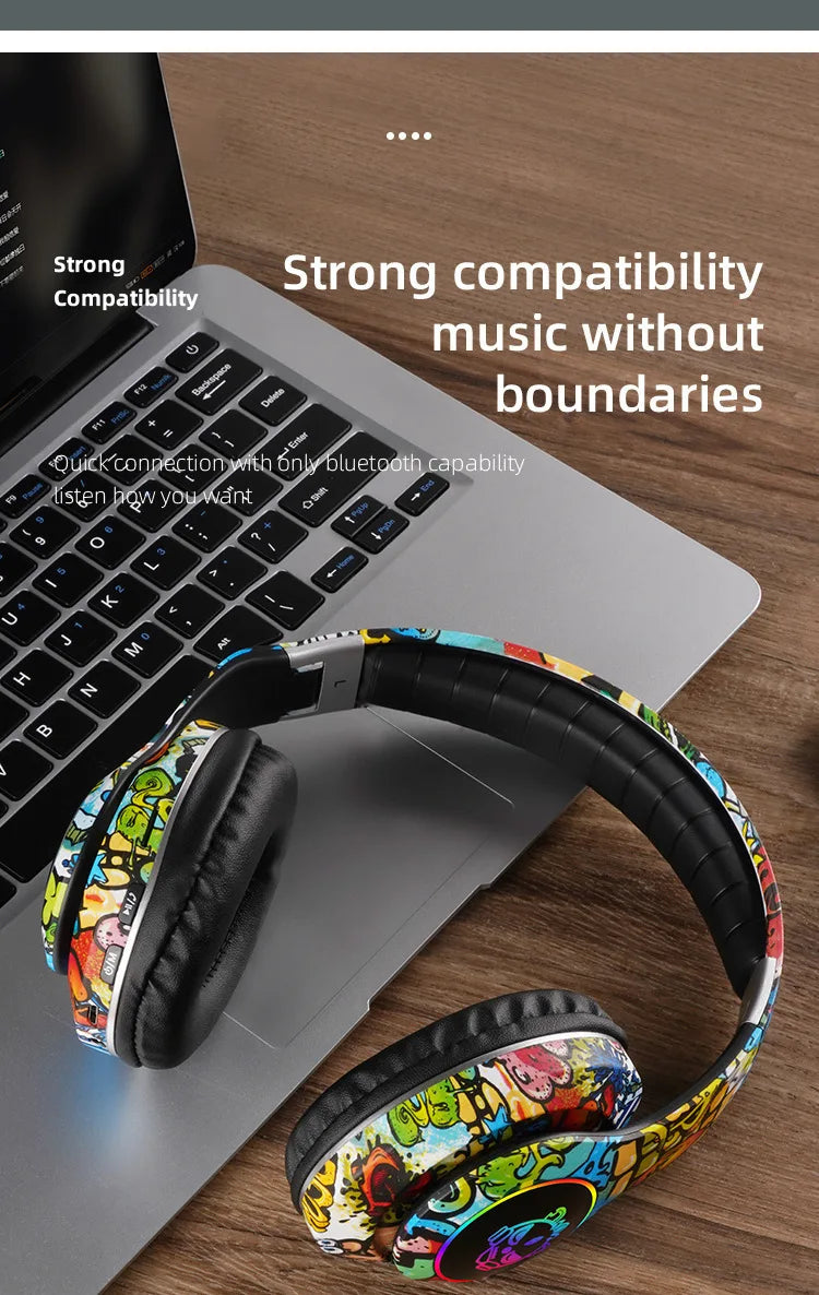 New Graffiti Wireless Overhead Headset with Mic LED Light LX-8686 High Quality TF Card Bluetooth Headphones for PC Gaming Child
