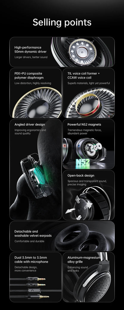 FiiO JT3 Over-Ear Open-Back Headphones, 50mm Dynamic Driver, PEK+PU Composite Diaphragm, Detachable 3.5mm Cable with Mic