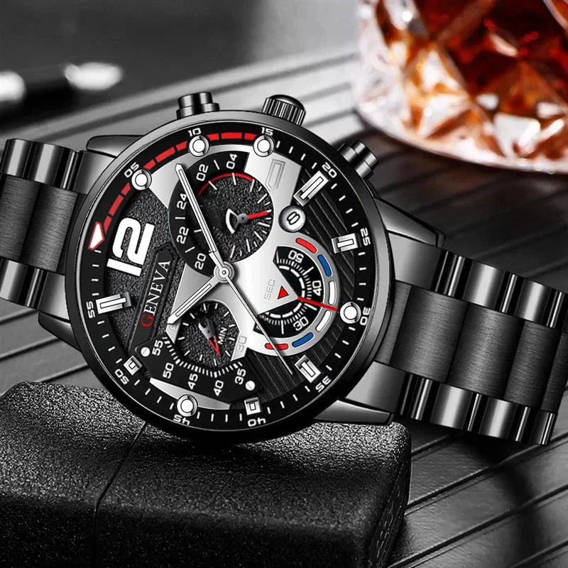 GENEVA Men's Creative  Six-Pin Watch Alloy Steel Band Quartz Watch Men Watch New Luxury  Men's Quartz WristWatch