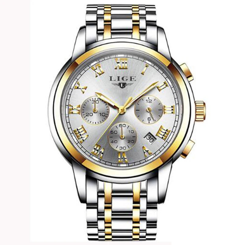 Orologio da uomo LIGE – Cronografo di lusso, stile sportivo casual, impermeabile, interamente in acciaio, movimento al quarzo