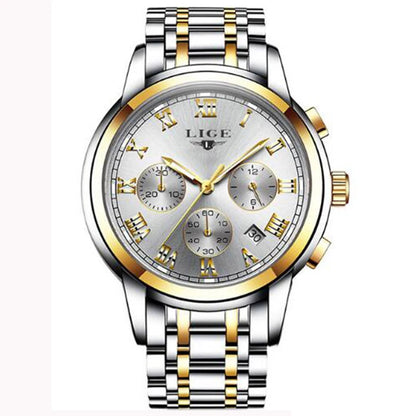 Orologio da uomo LIGE – Cronografo di lusso, stile sportivo casual, impermeabile, interamente in acciaio, movimento al quarzo
