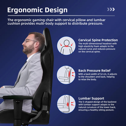 AUTHMIC Ergonomic Gaming Chair Office Recliner with Lumbar Support Adjustable Armrest 150kg Load for Home Work Gamer Setup