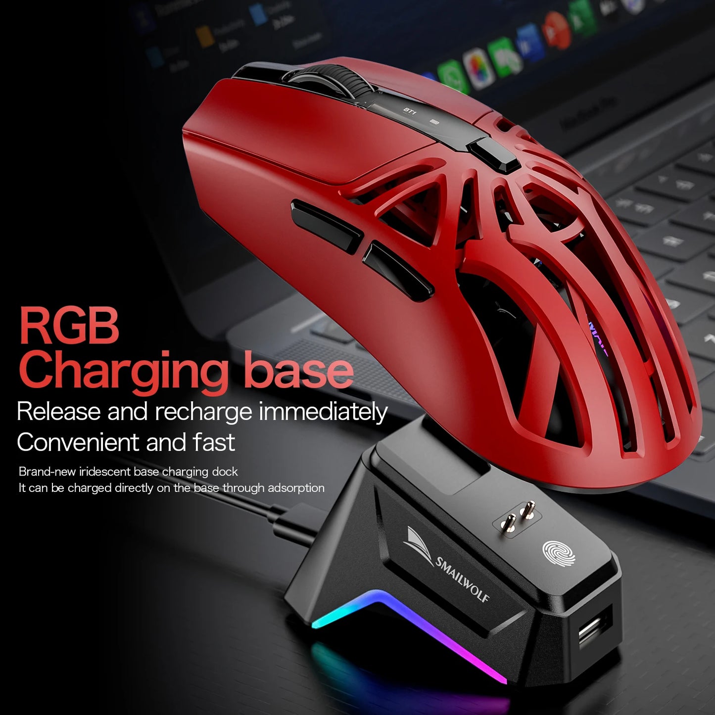 SMAILWOLF M8 Wireless Bluetooth Tri-Mode Mouse Lightweight PAW3311 Gaming RGB Magnetic Charging 12000dpi Gaming Mouse