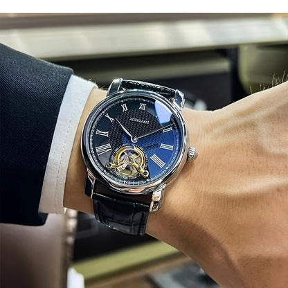 Orologio meccanico automatico da uomo – Elegante design scheletrato, stile «business casual» di tendenza, cassa in lega e cinturino in pelle, senza batteria