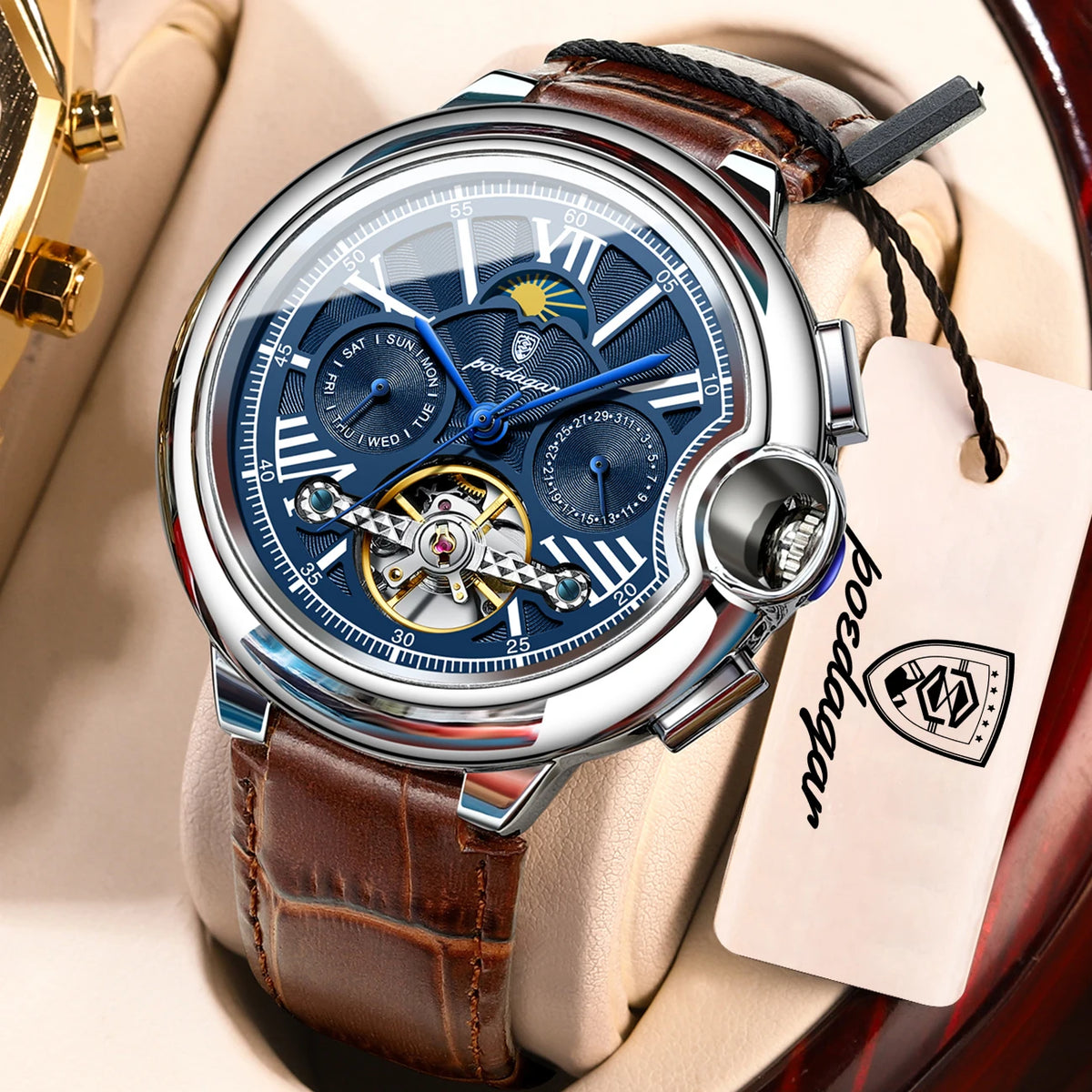 Orologio di lusso da uomo POEDAGAR – Modello meccanico a carica automatica con datario e indicatore del giorno, cinturino in pelle, tourbillon, impermeabile, stile elegante e professionale.