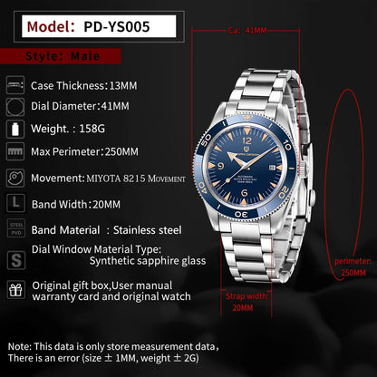 PAGANI DESIGN 41 MM Luxury Men Mechanical Wristwatch 200m Waterproof Sapphire Clock Automatic Stainless Steel Business Watch