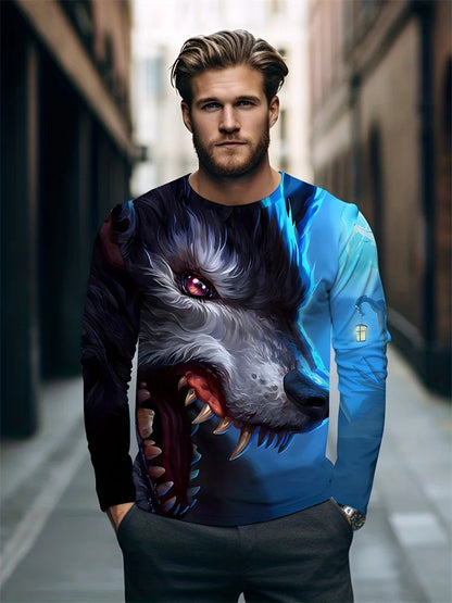 2024 New Wolf Print Men's Long Sleeve T-shirt Spring and Autumn Daily Casual Street Fashion Men's Long Sleeve T-shirt