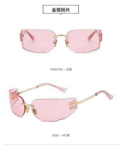 High End Sunglasses Women Rimless Curved Sun Glasses for Eye Protection and Sunscreen Travelling Hiking Shades Gafas