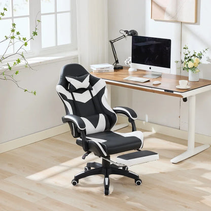 360 ° - Swivel Ergonomic Racing Design Gaming Chair Leather High Back Office Chair Height Adjustable Task Chair, Black&White