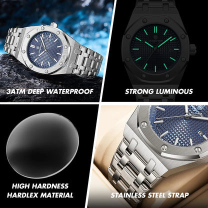 Montre à quartz carrée de luxe PAAZOMU pour homme, étanche, avec date luminescente, montre pour homme en acier inoxydable, montres d'affaires pour homme