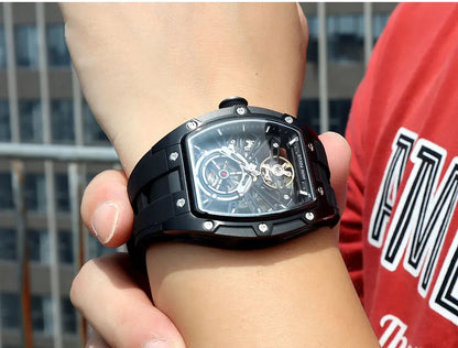 Reloj de pulsera MINI FOCUS para hombre, negro, a la moda, resistente al agua, mecánico automático, con manecillas luminosas, correa de silicona y esfera tonneau