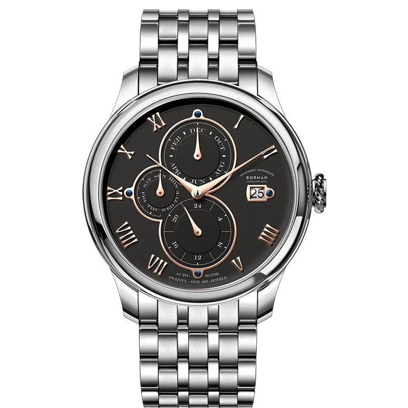 Luxury Brand BORMAN Automatic Mechanical Men's Watches Sapphire 50M Waterproof Multi-function Dial Retro Leather Clocks BM18011