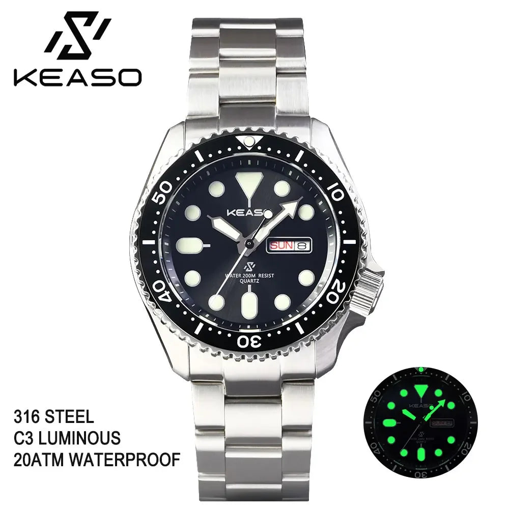 KEASO Top Men Dive Watch C3 Super Luminous 316L Solid Steel 20Bar Waterproof Sapphire Mirror MIYOTA 2035 Quartz Movement Watch